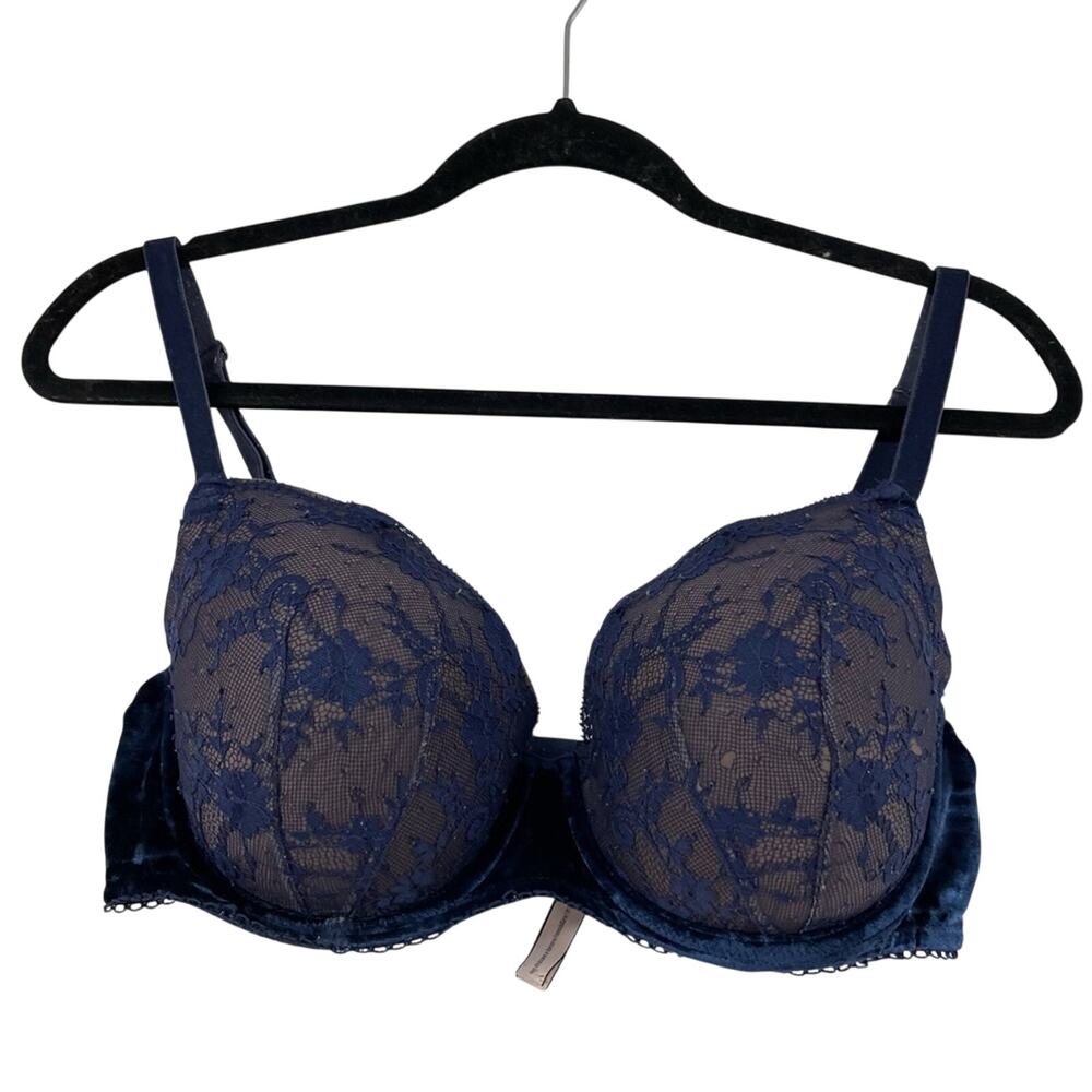 Victoria Secret Blue Lace & Velvet Underwire Push Up Bra Womens 36DD